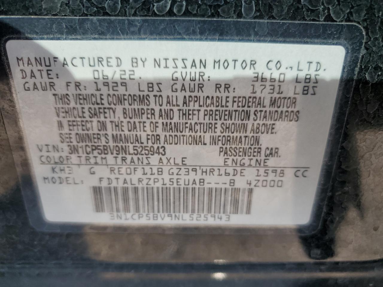 2022 NISSAN KICKS S VIN:3N1CP5BV9NL525943