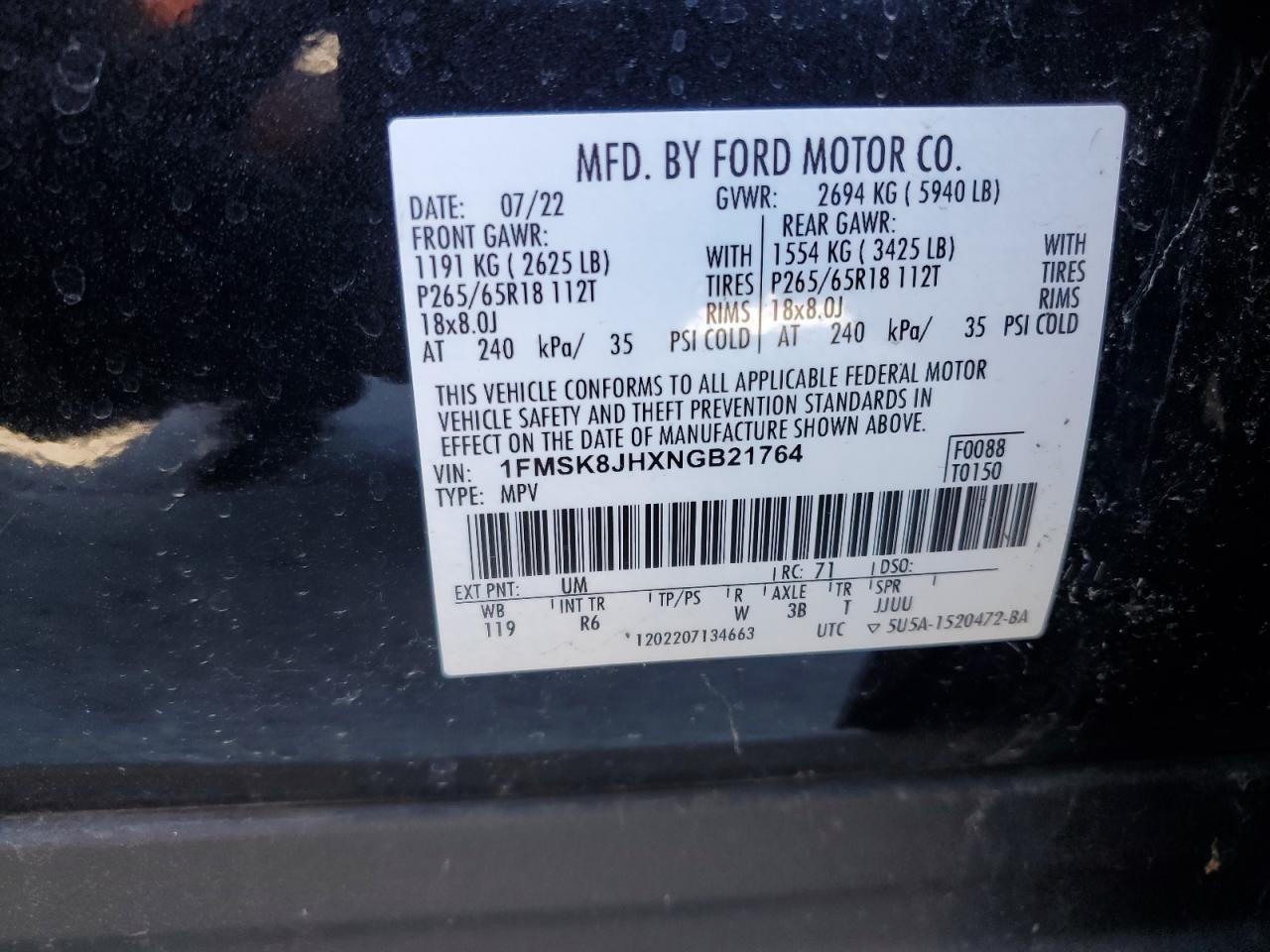 2022 FORD EXPLORER TIMBERLINE VIN:1FMSK8JHXNGB21764