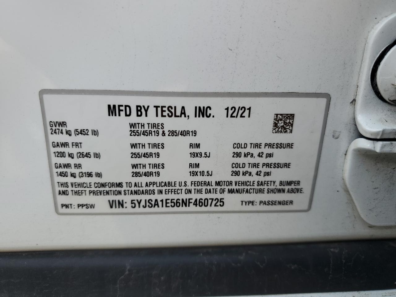 2022 TESLA MODEL S VIN:5YJSA1E56NF460725