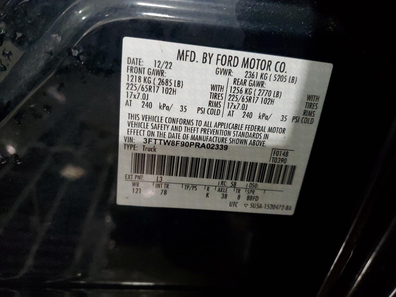 2023 FORD MAVERICK XL VIN:3FTTW8F90PRA02339