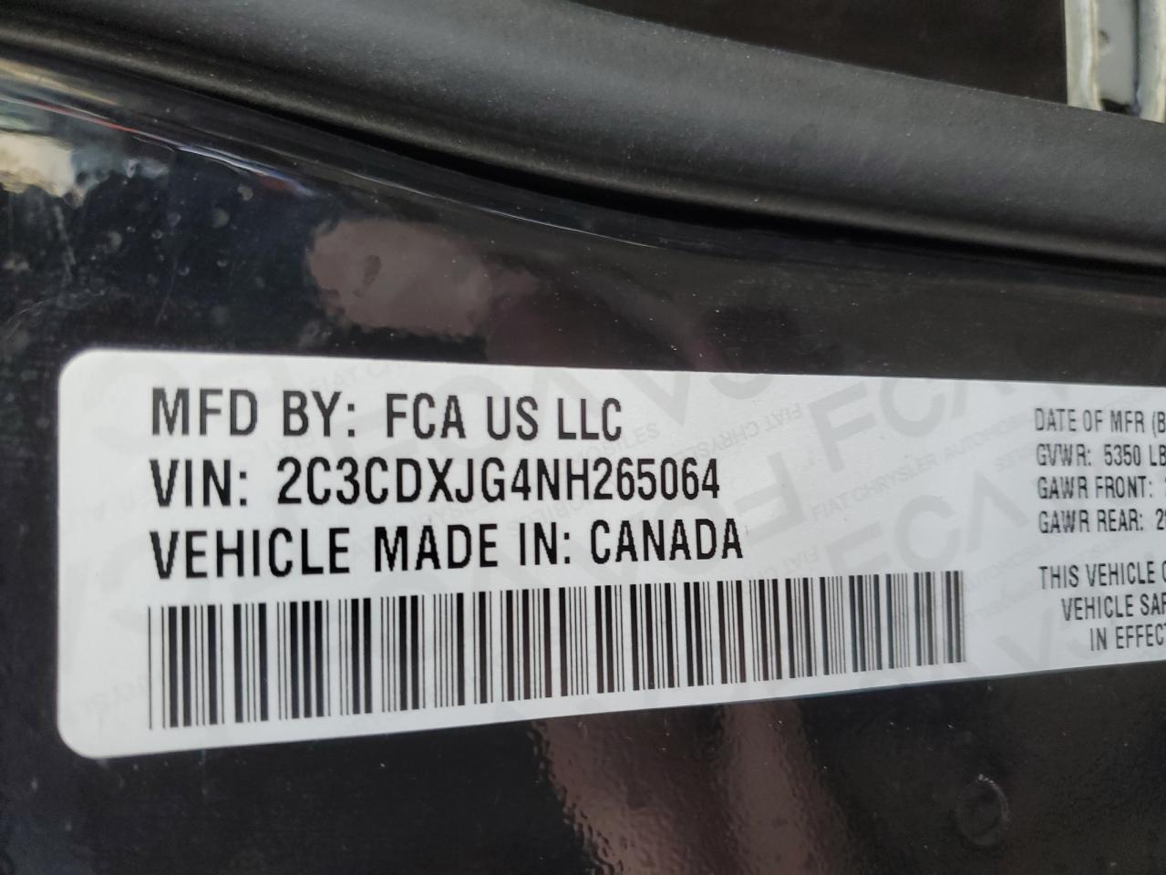 2022 DODGE CHARGER SXT VIN:2C3CDXJG4NH265064