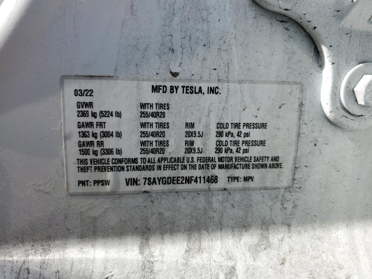 2022 TESLA MODEL Y VIN:7SAYGDEE2NF411468