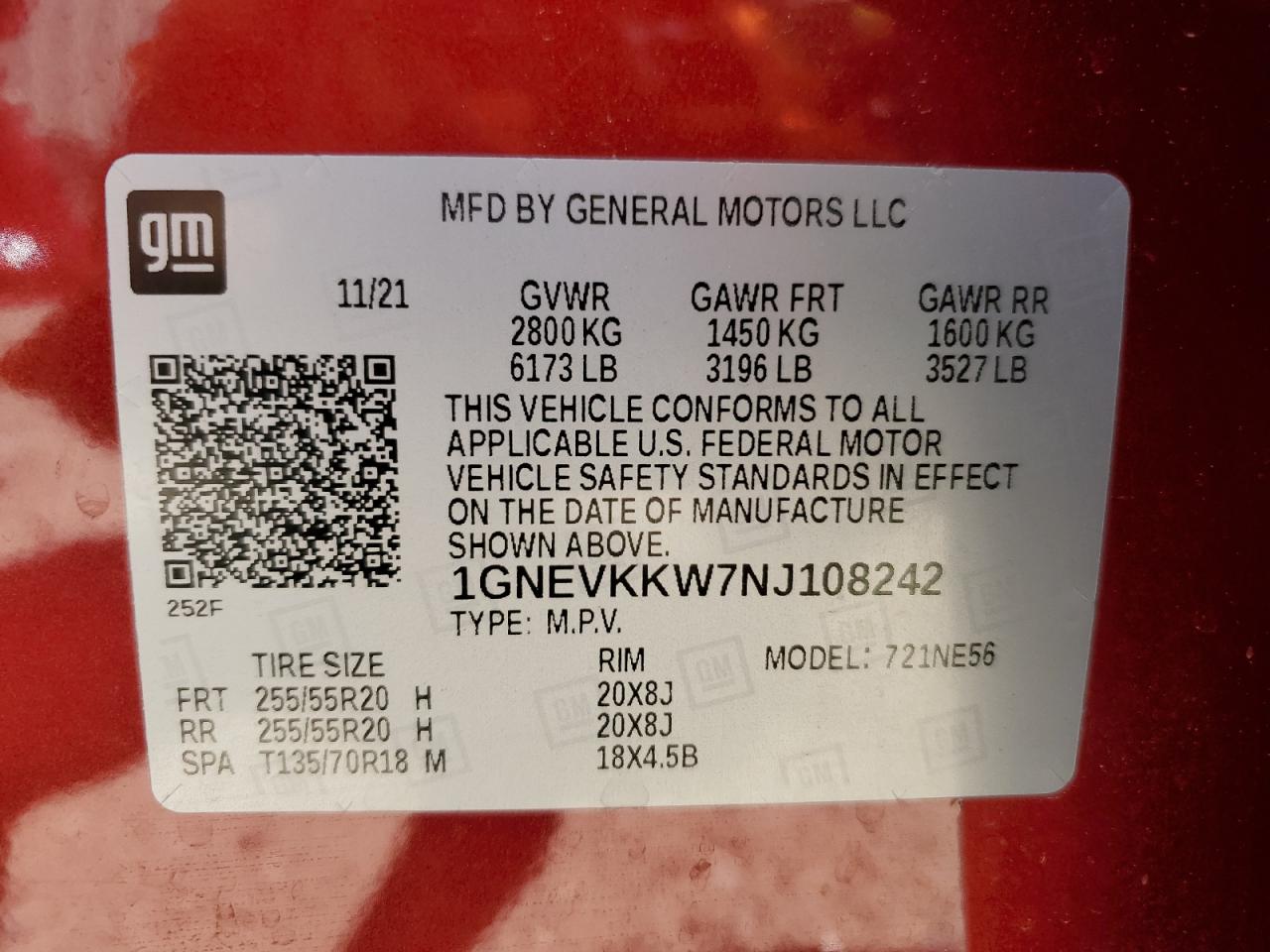 2022 CHEVROLET TRAVERSE PREMIER VIN:1GNEVKKW7NJ108242