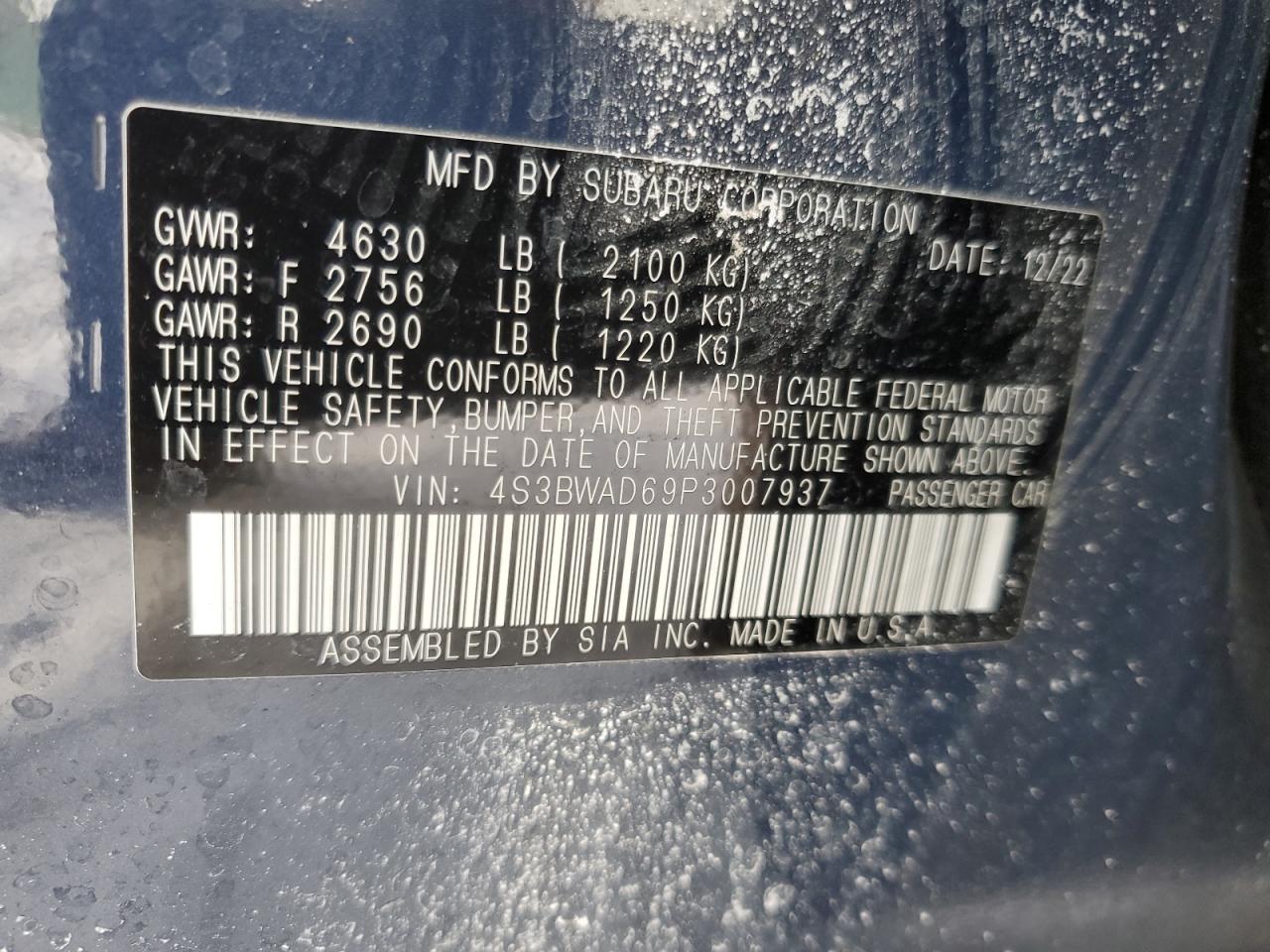 2023 SUBARU LEGACY PREMIUM VIN:4S3BWAD69P3007937