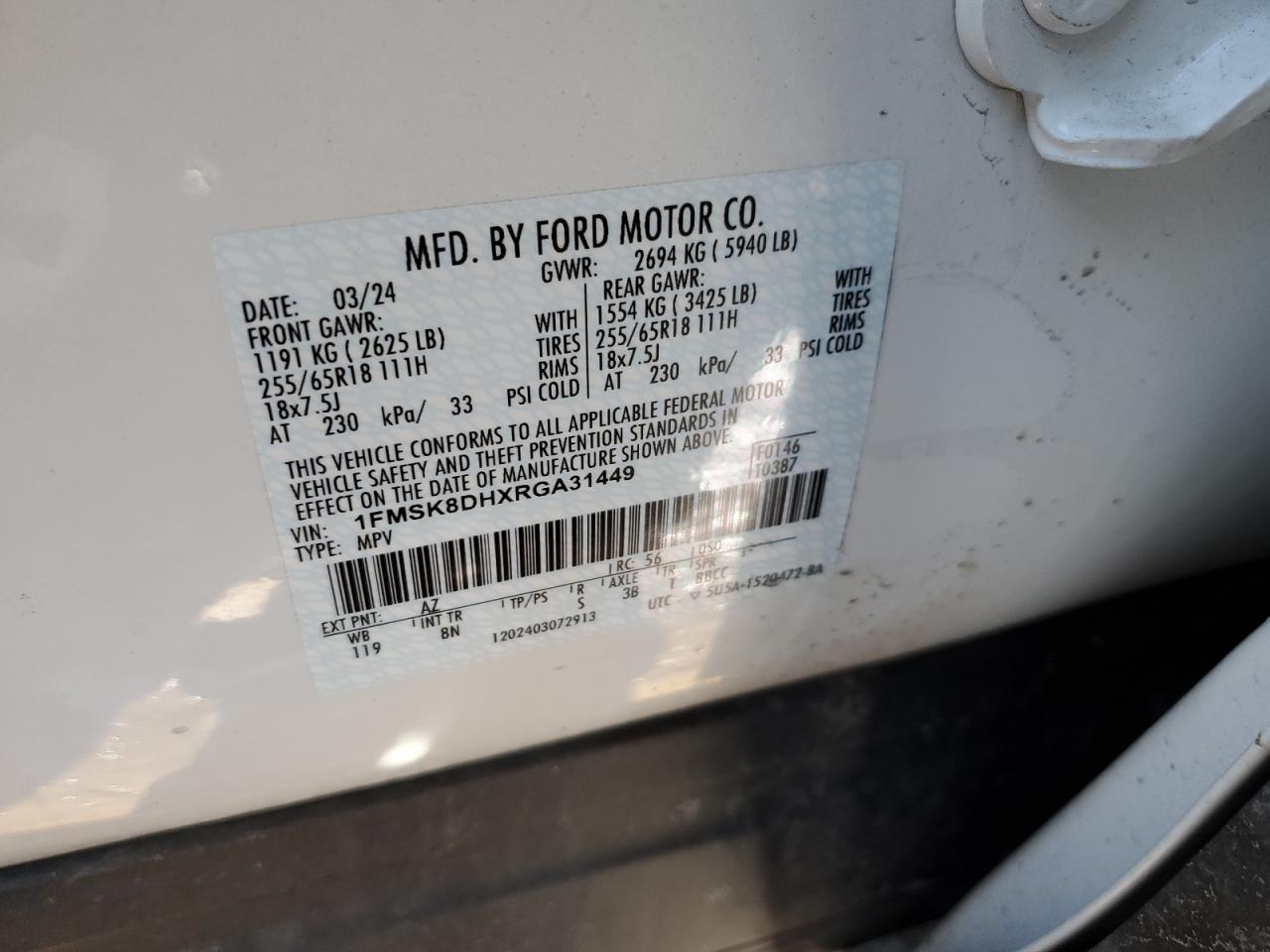 2024 FORD EXPLORER XLT VIN:1FMSK8DHXRGA31449