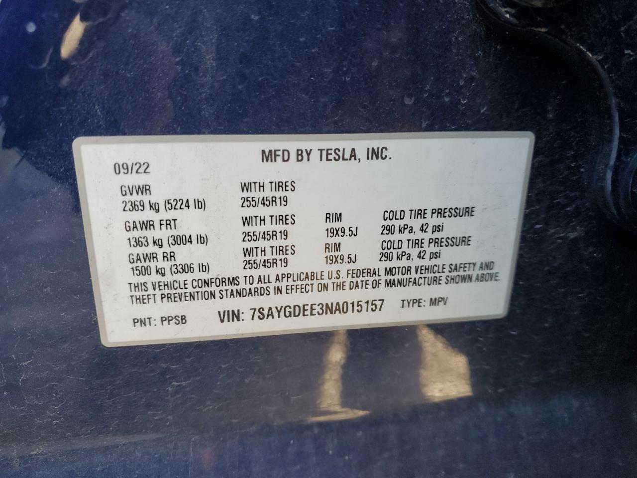 2022 TESLA MODEL Y VIN:7SAYGDEE3NA015157