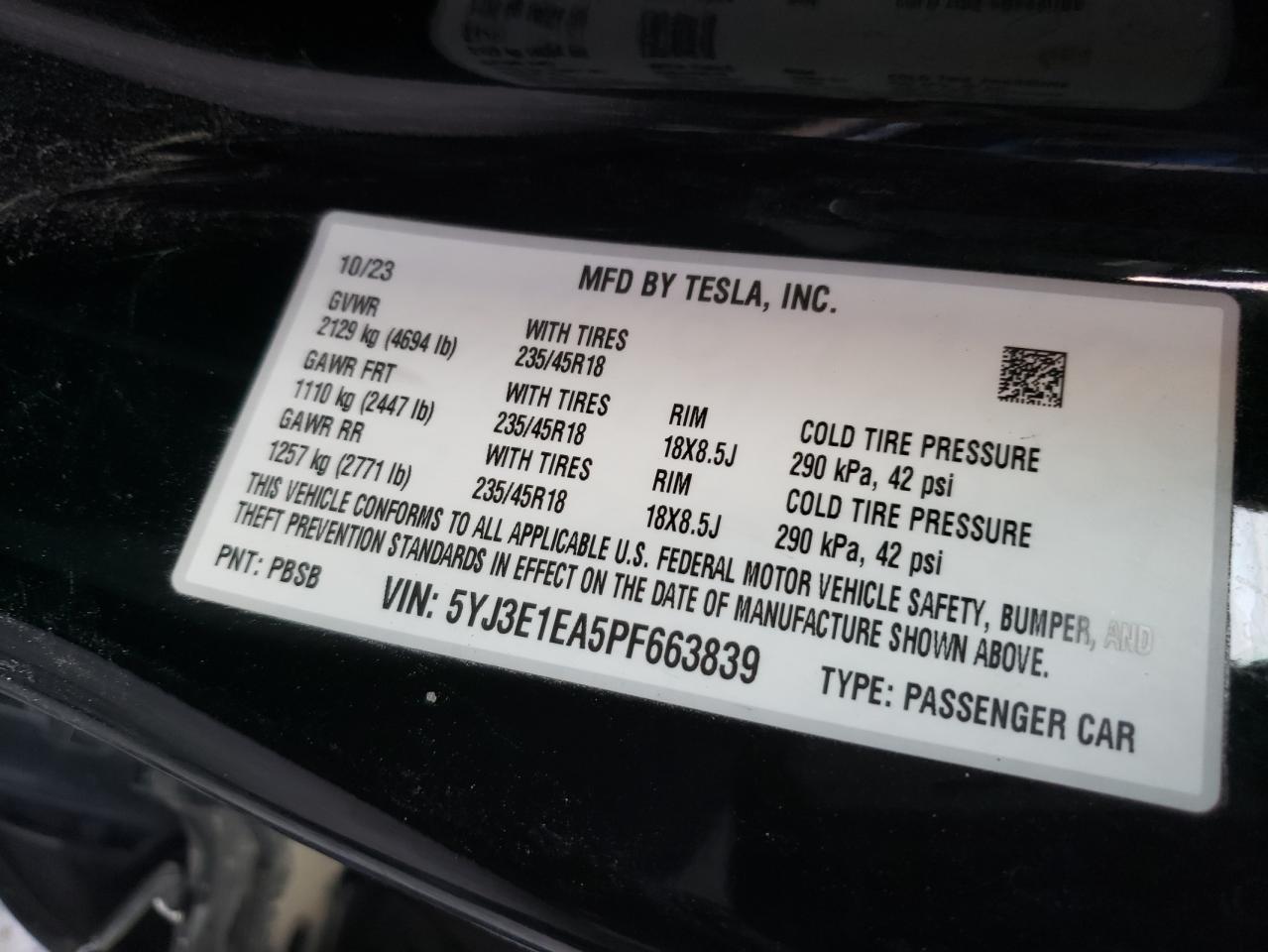 2023 TESLA MODEL 3 VIN:5YJ3E1EA5PF663839