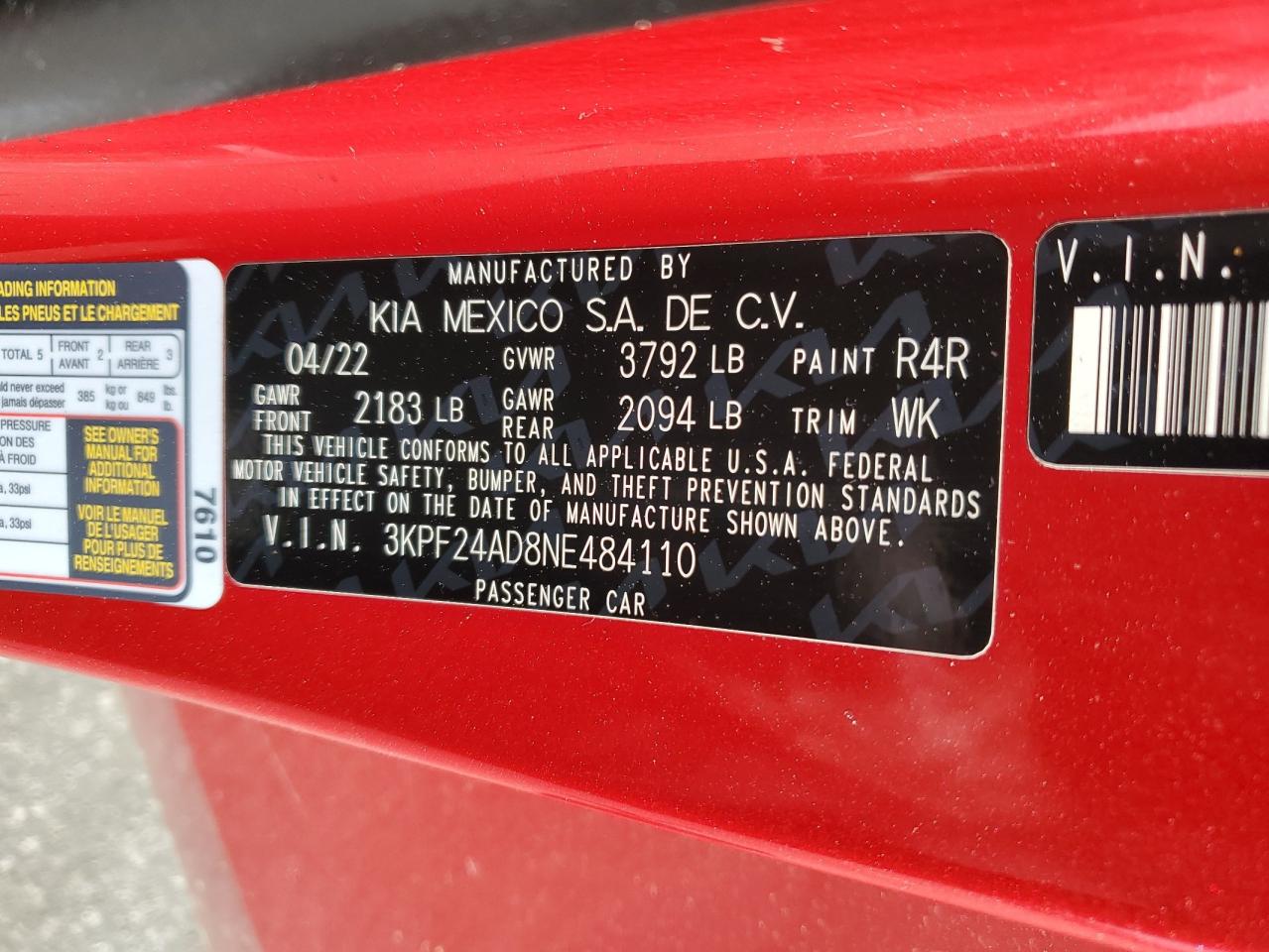 2022 KIA FORTE FE VIN:3KPF24AD8NE484110