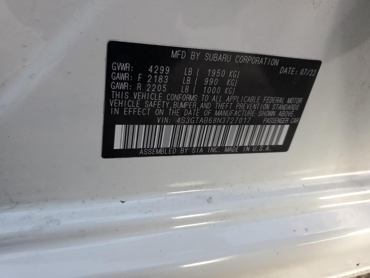 2022 SUBARU IMPREZA VIN:4S3GTAB68N3727017