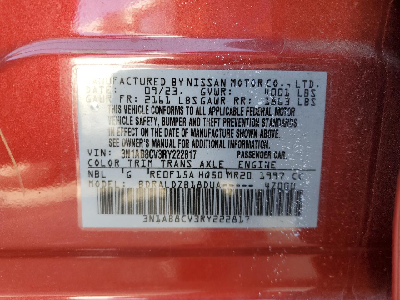 2024 NISSAN SENTRA SV VIN:3N1AB8CV3RY222817