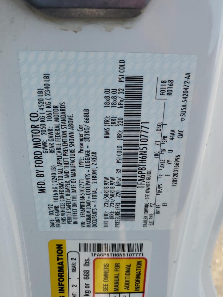 2022 FORD MUSTANG VIN:1FA6P8TH6N5107771