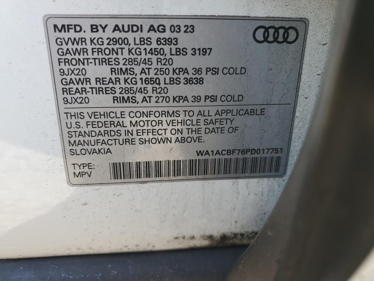 2023 AUDI Q7 PREMIUM VIN:WA1ACBF76PD017751