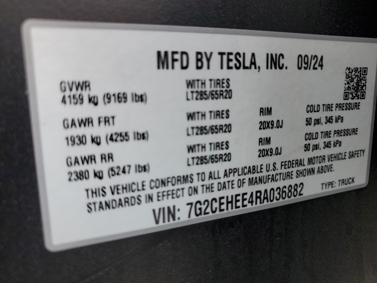 2024 TESLA CYBERTRUCK VIN:7G2CEHEE4RA036882