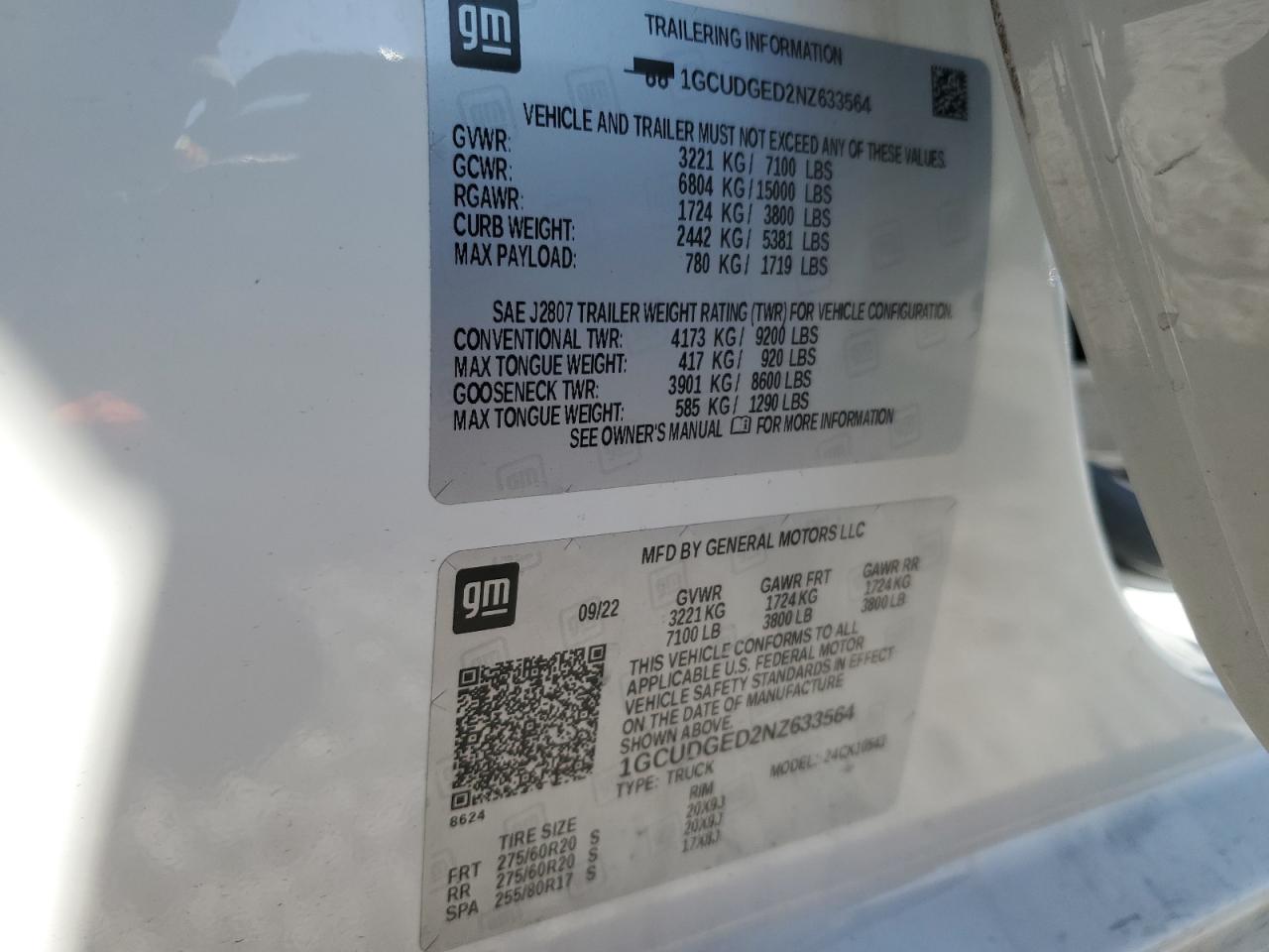 2022 CHEVROLET SILVERADO K1500 LTZ VIN:1GCUDGED2NZ633564