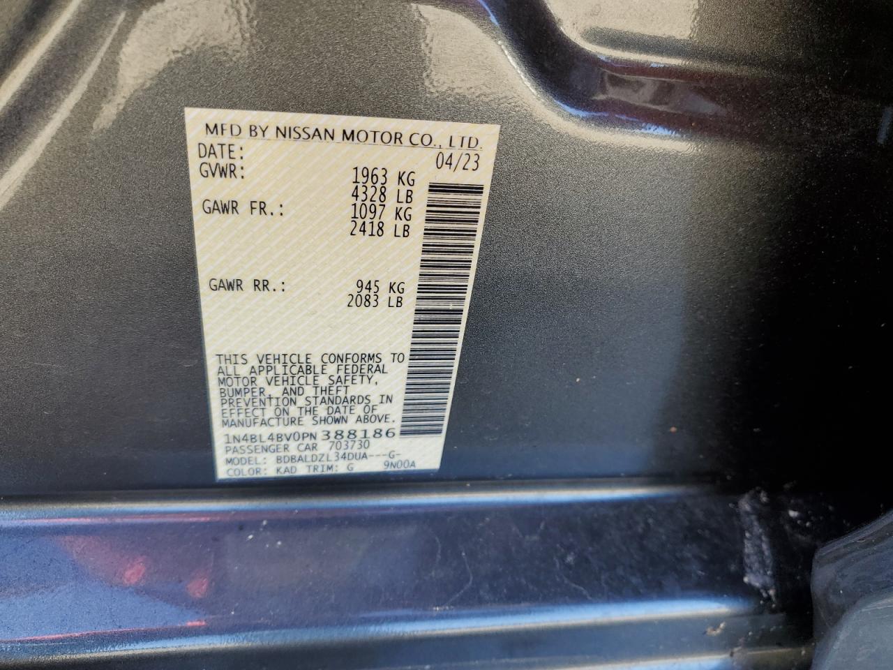 2023 NISSAN ALTIMA S VIN:1N4BL4BV0PN388186