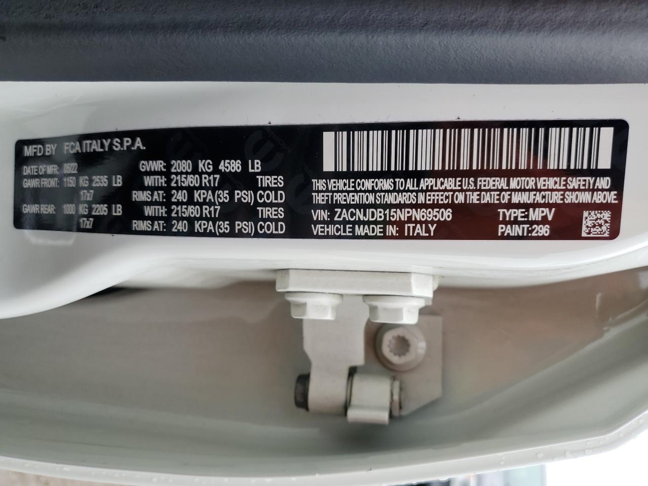 2022 JEEP RENEGADE LATITUDE VIN:ZACNJDB15NPN69506