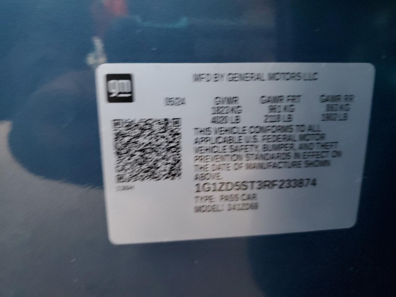 2024 CHEVROLET MALIBU LT VIN:1G1ZD5ST3RF233874