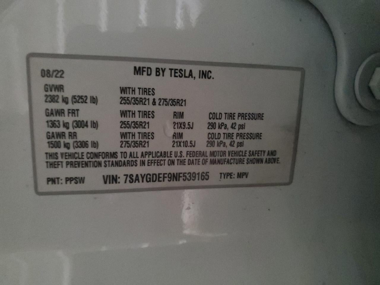 2022 TESLA MODEL Y VIN:7SAYGDEF9NF539165