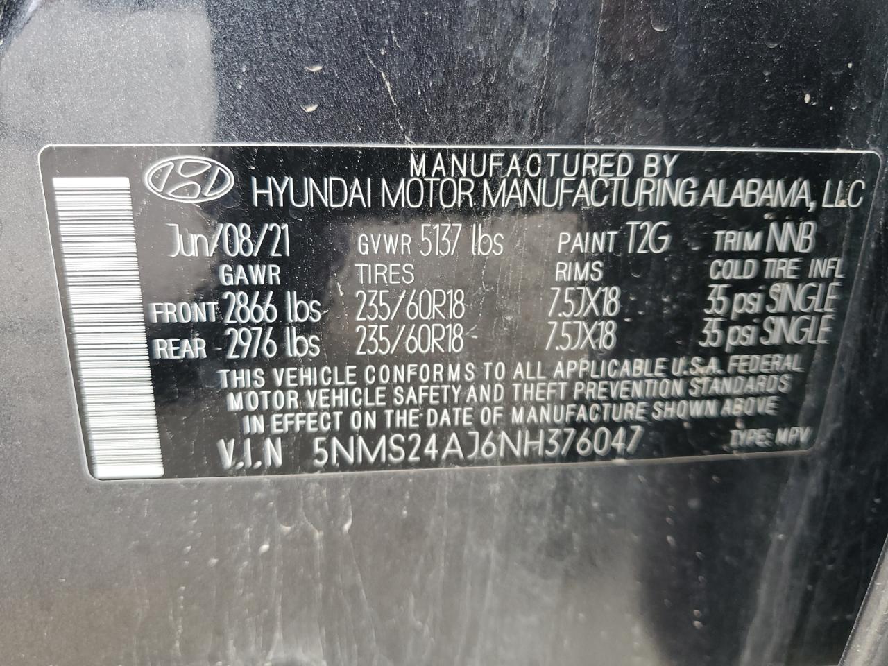 2022 HYUNDAI SANTA FE SEL VIN:5NMS24AJ6NH376047