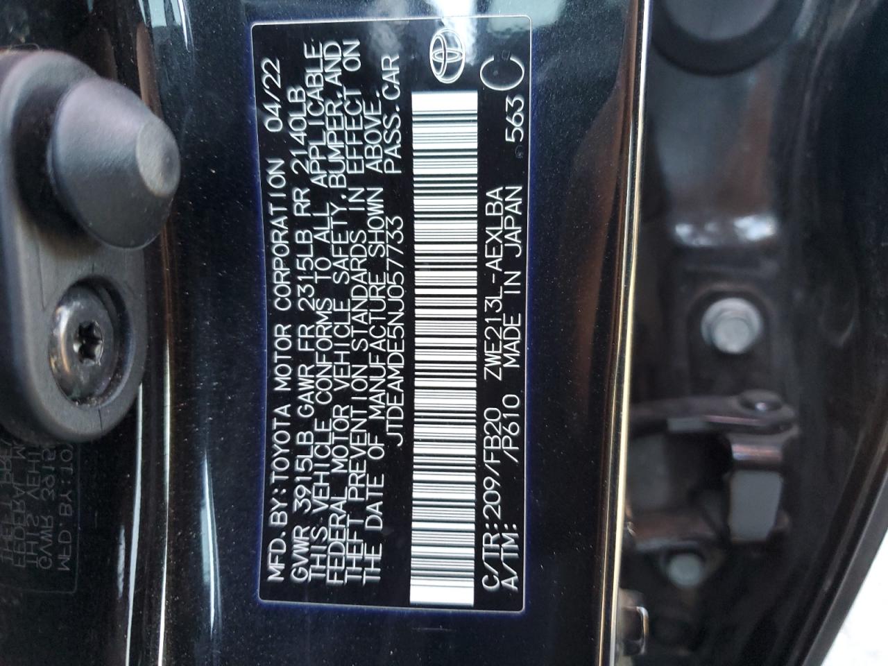 2022 TOYOTA COROLLA LE VIN:JTDEAMDE5NJ057733