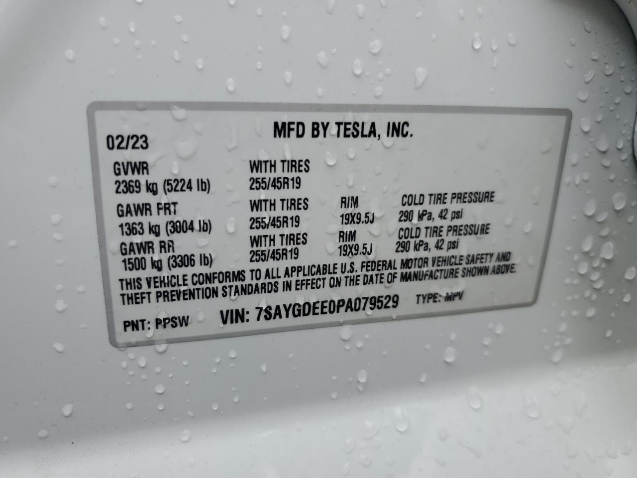 2023 TESLA MODEL Y VIN:7SAYGDEE0PA079529