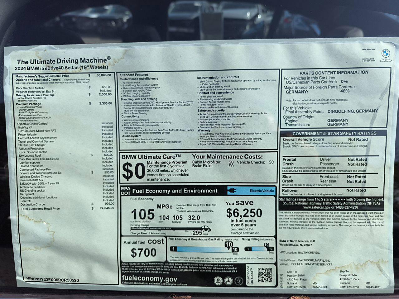 2024 BMW I5 EDRIVE 40 VIN:WBY33FK05RCR58520