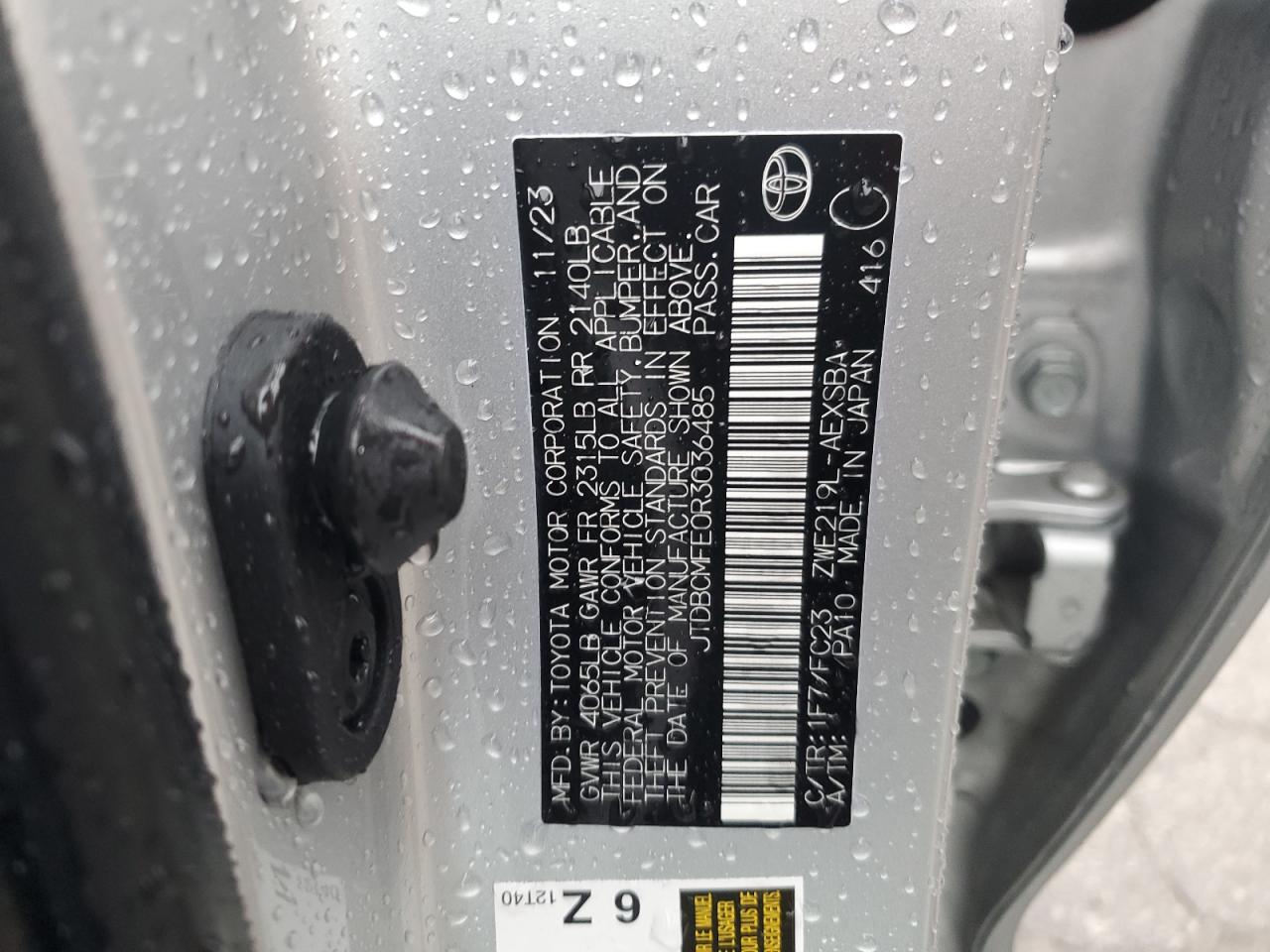 2024 TOYOTA COROLLA LE VIN:JTDBCMFE0R3036485