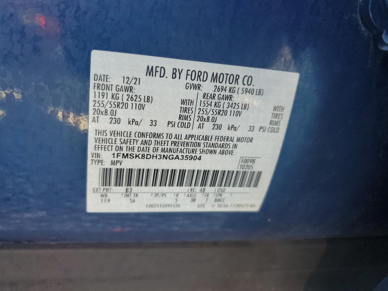 2022 FORD EXPLORER XLT VIN:1FMSK8DH3NGA35904