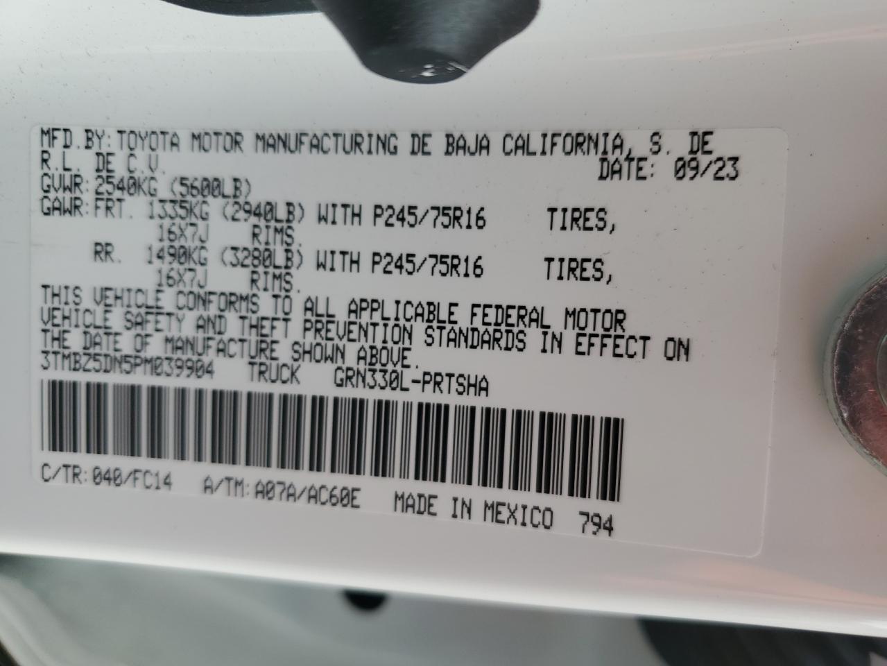 2023 TOYOTA TACOMA DOUBLE CAB VIN:3TMBZ5DN5PM039904