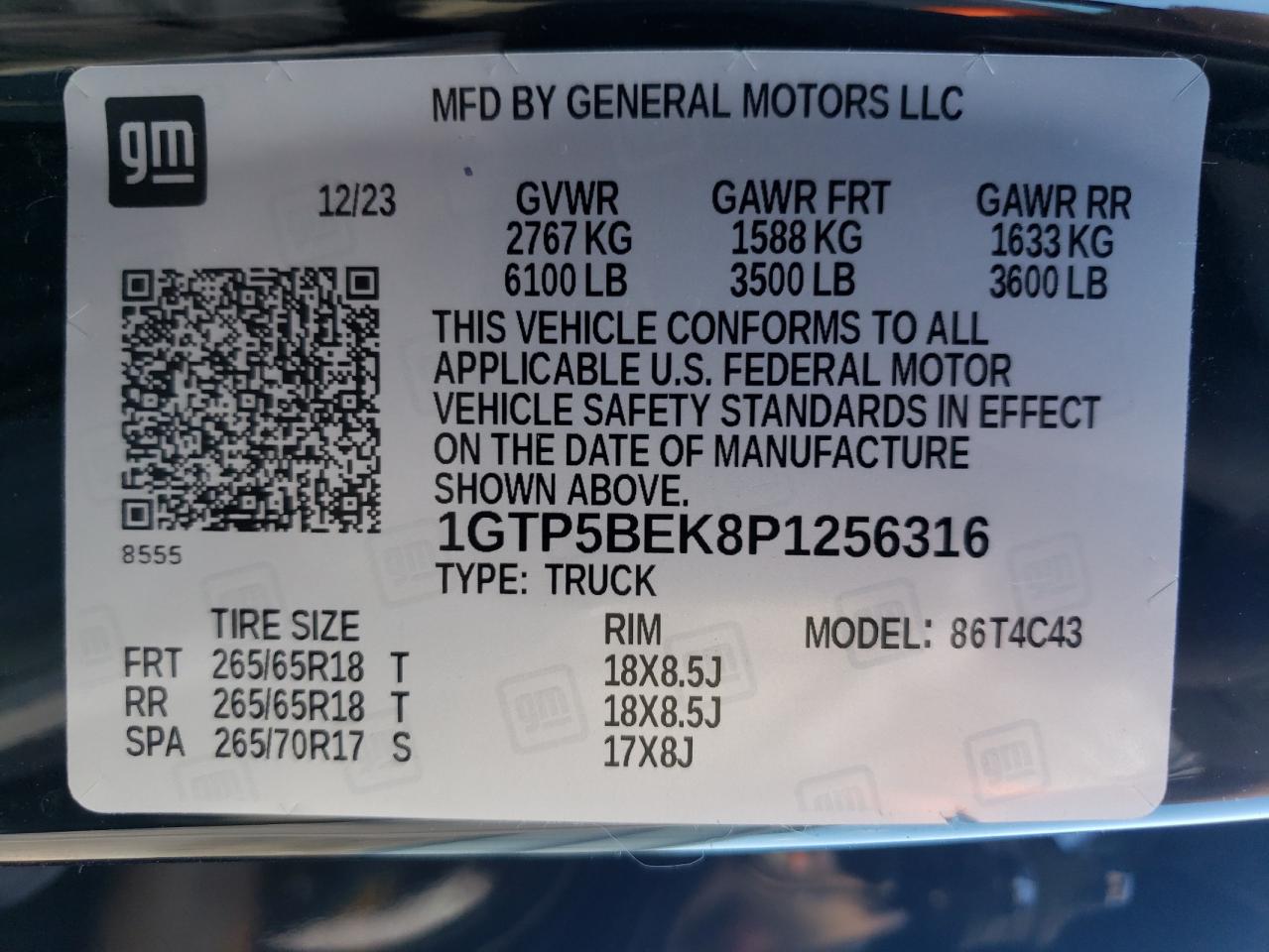 2023 GMC CANYON ELEVATION VIN:1GTP5BEK8P1256316
