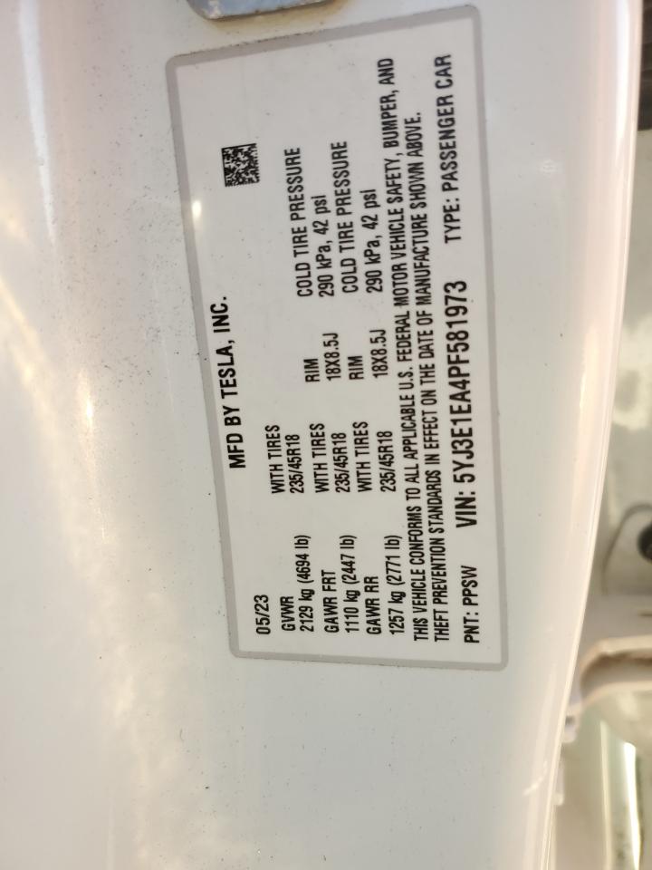 2023 TESLA MODEL 3 VIN:5YJ3E1EA4PF581973