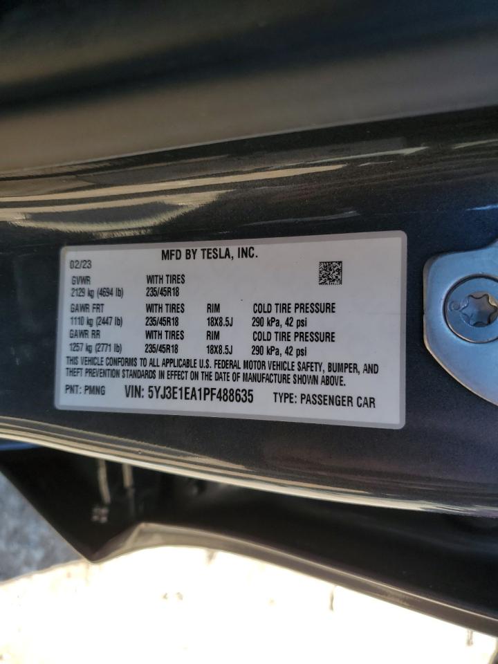 2023 TESLA MODEL 3 VIN:5YJ3E1EA1PF488635