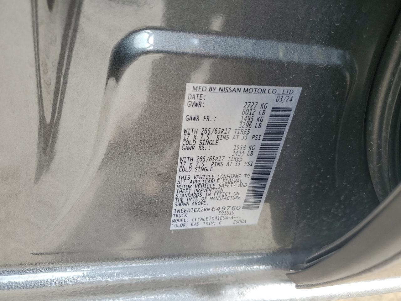 2024 NISSAN FRONTIER S VIN:1N6ED1EK2RN649760