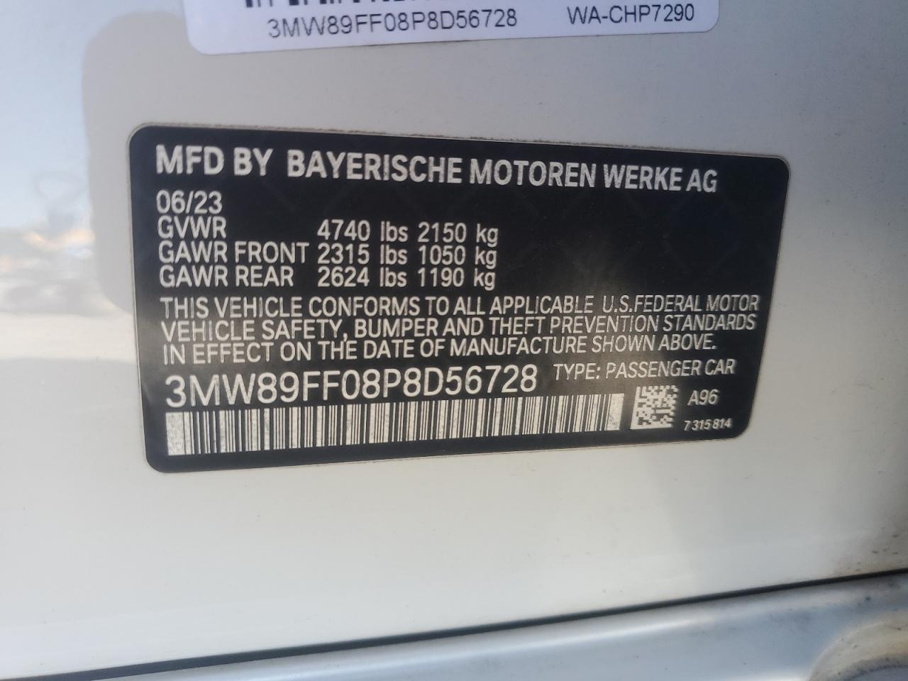2023 BMW 330XI VIN:3MW89FF08P8D56728