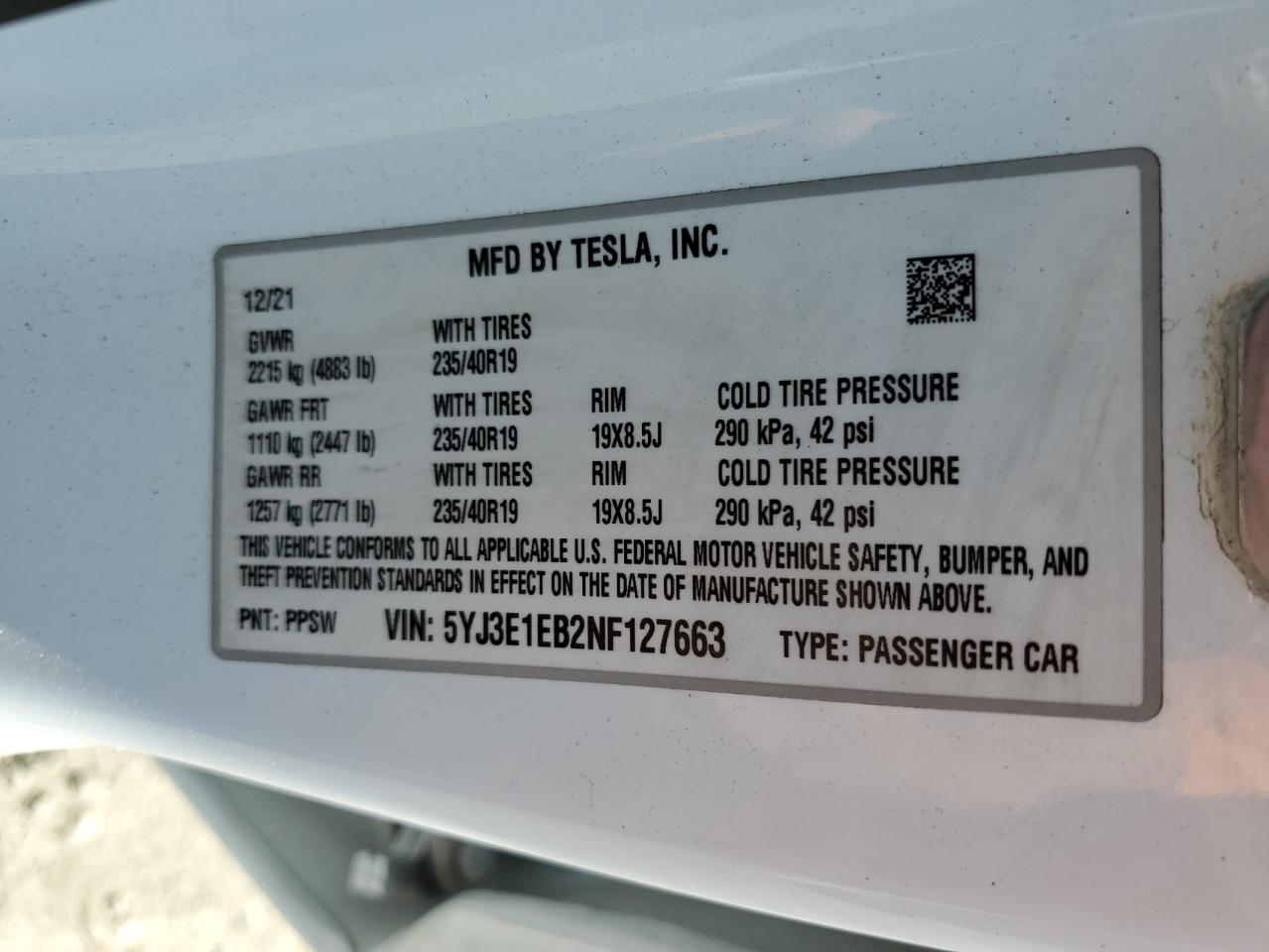 2022 TESLA MODEL 3 VIN:5YJ3E1EB2NF127663