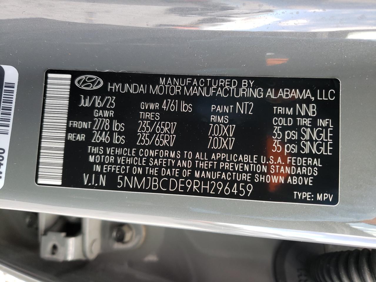 2024 HYUNDAI TUCSON SEL VIN:5NMJBCDE9RH296459