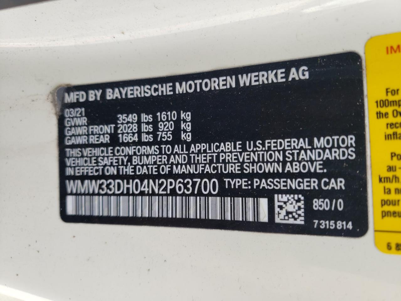 2022 MINI COOPER VIN:WMW33DH04N2P63700
