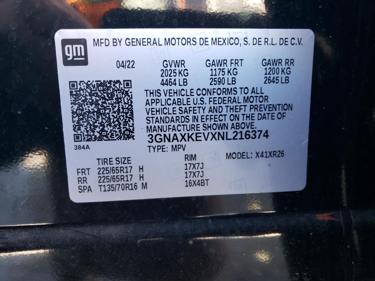 2022 CHEVROLET EQUINOX LT VIN:3GNAXKEVXNL216374