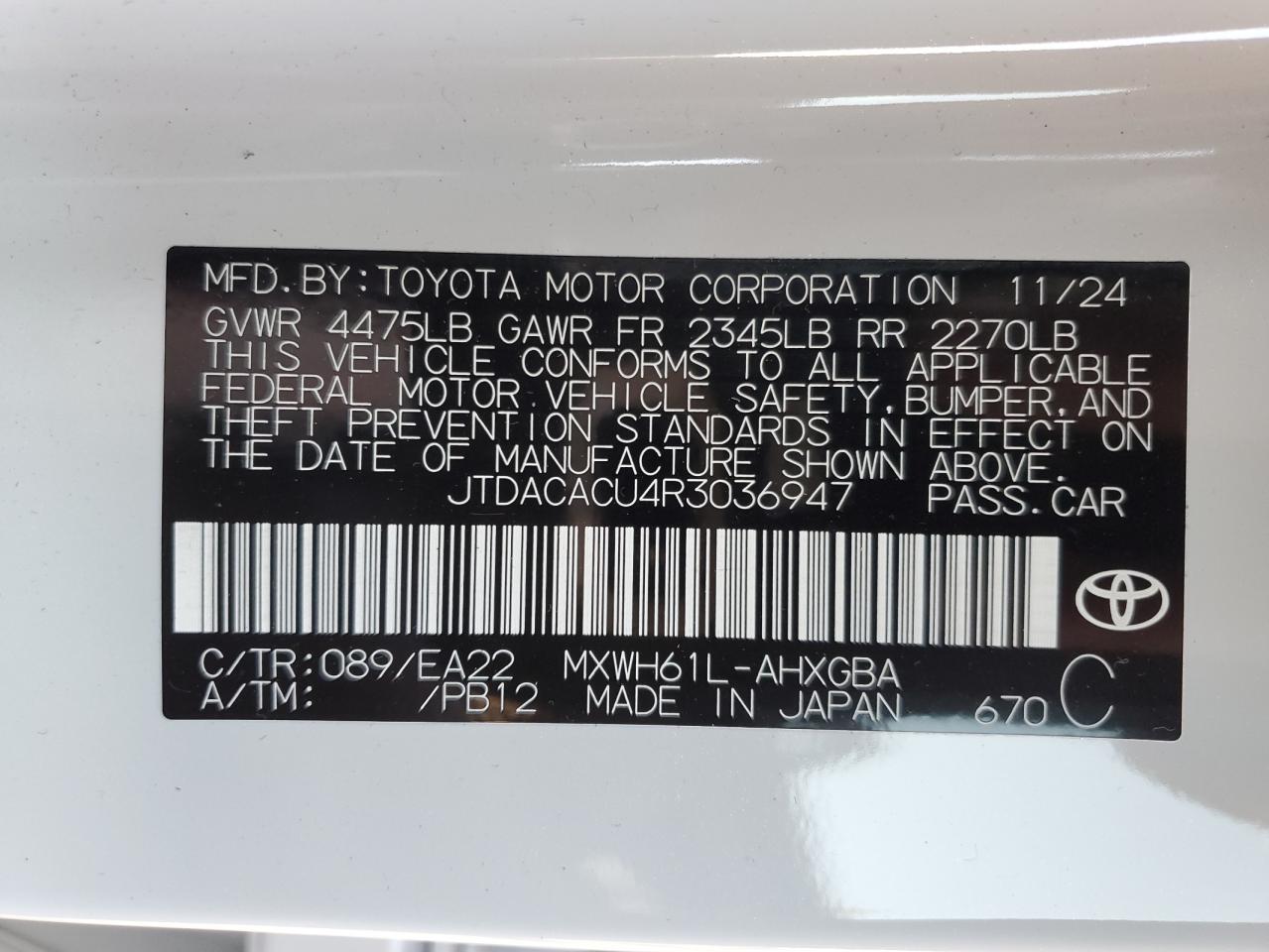 2024 TOYOTA PRIUS PRIME SE VIN:JTDACACU4R3036947