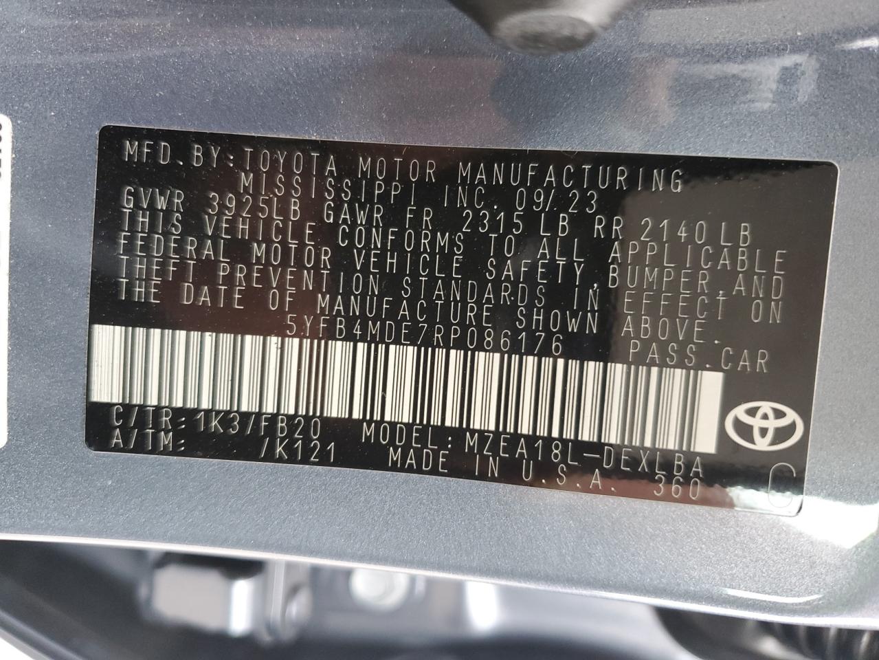 2024 TOYOTA COROLLA LE VIN:5YFB4MDE7RP086176