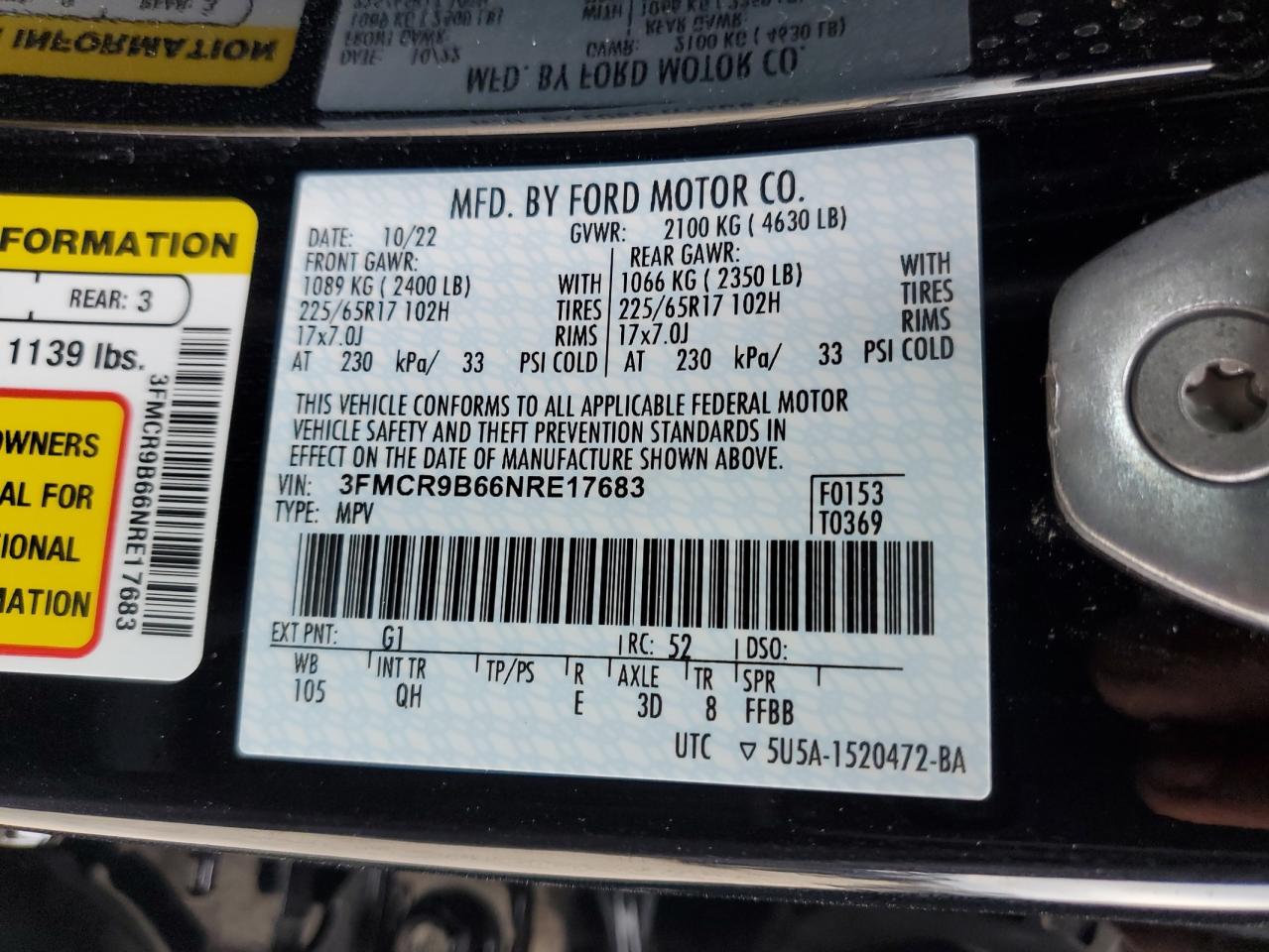 2022 FORD BRONCO SPORT BIG BEND VIN:3FMCR9B66NRE17683