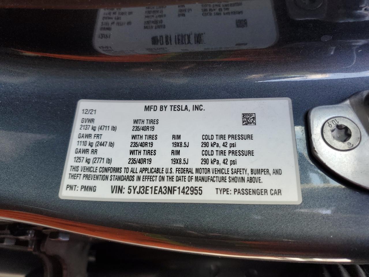 2022 TESLA MODEL 3 VIN:5YJ3E1EA3NF142955