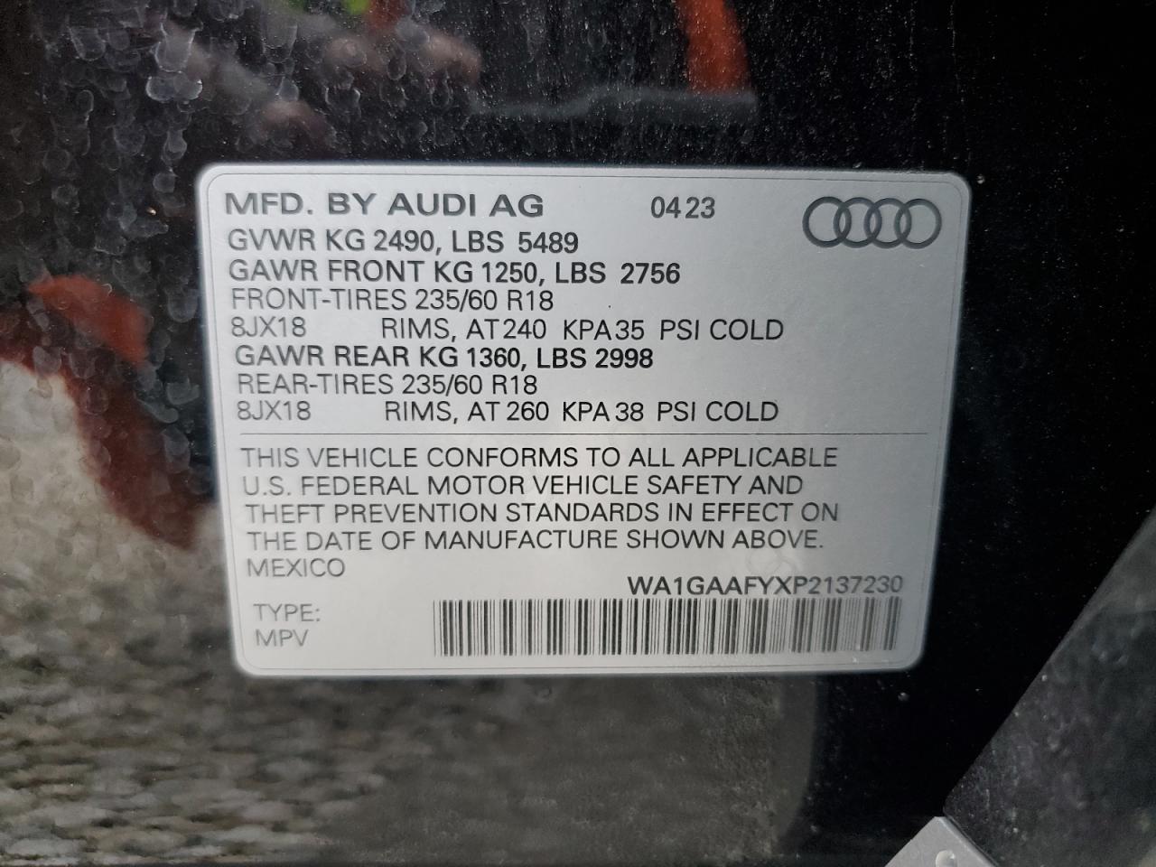 2023 AUDI Q5 PREMIUM 45 VIN:WA1GAAFYXP2137230