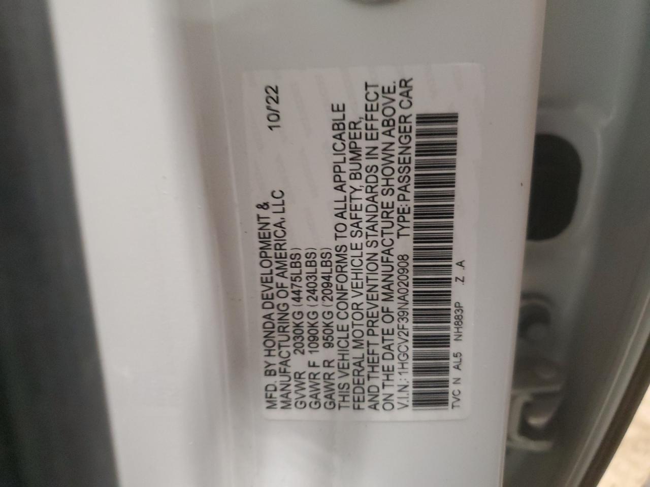 2022 HONDA ACCORD SPORT VIN:1HGCV2F39NA020908