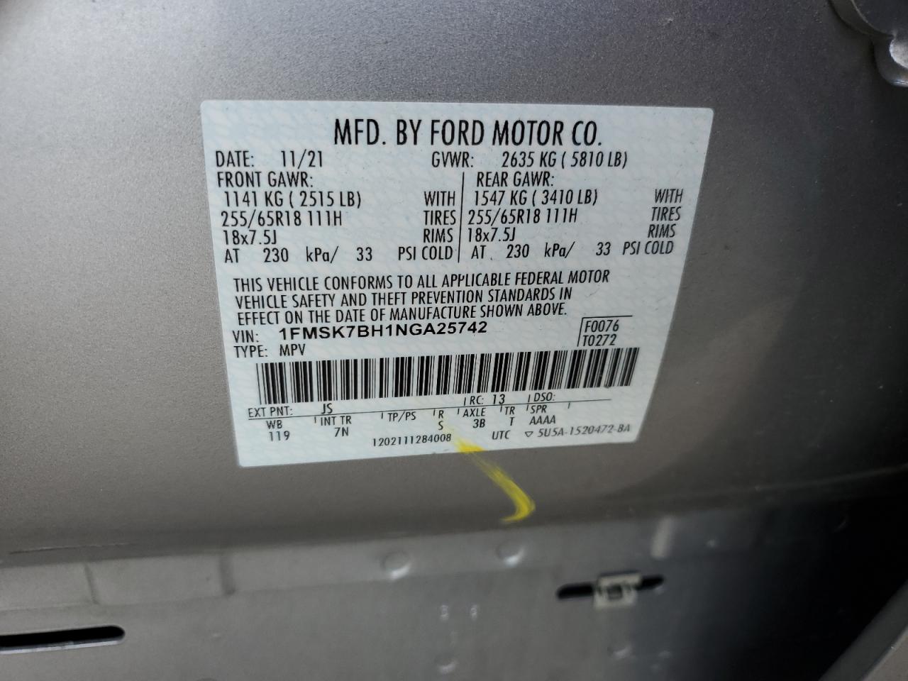 2022 FORD EXPLORER VIN:1FMSK7BH1NGA25742