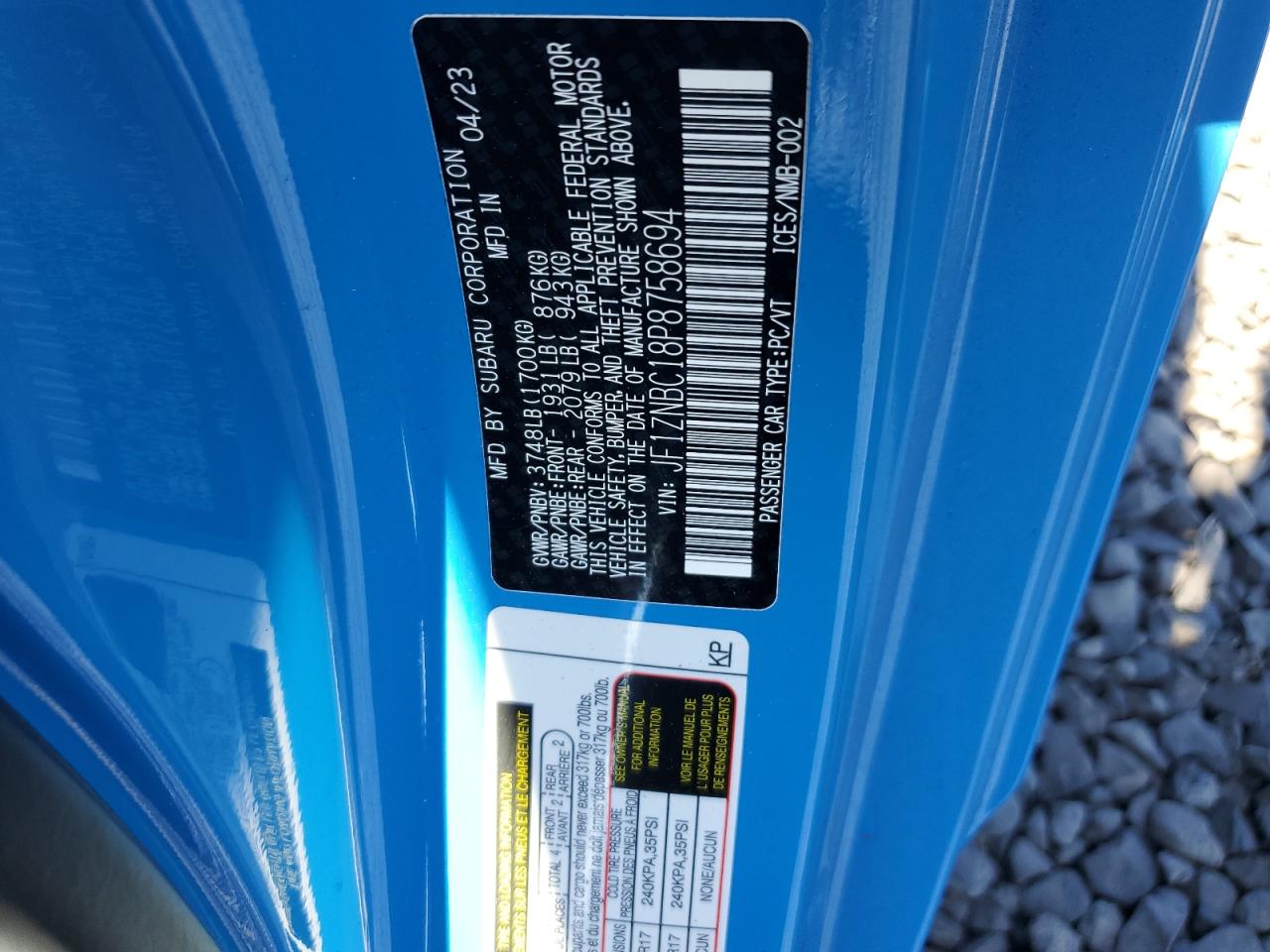 2023 TOYOTA GR 86 VIN:JF1ZNBC18P8758694