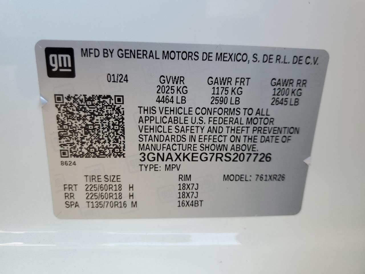 2024 CHEVROLET EQUINOX LT VIN:3GNAXKEG7RS207726