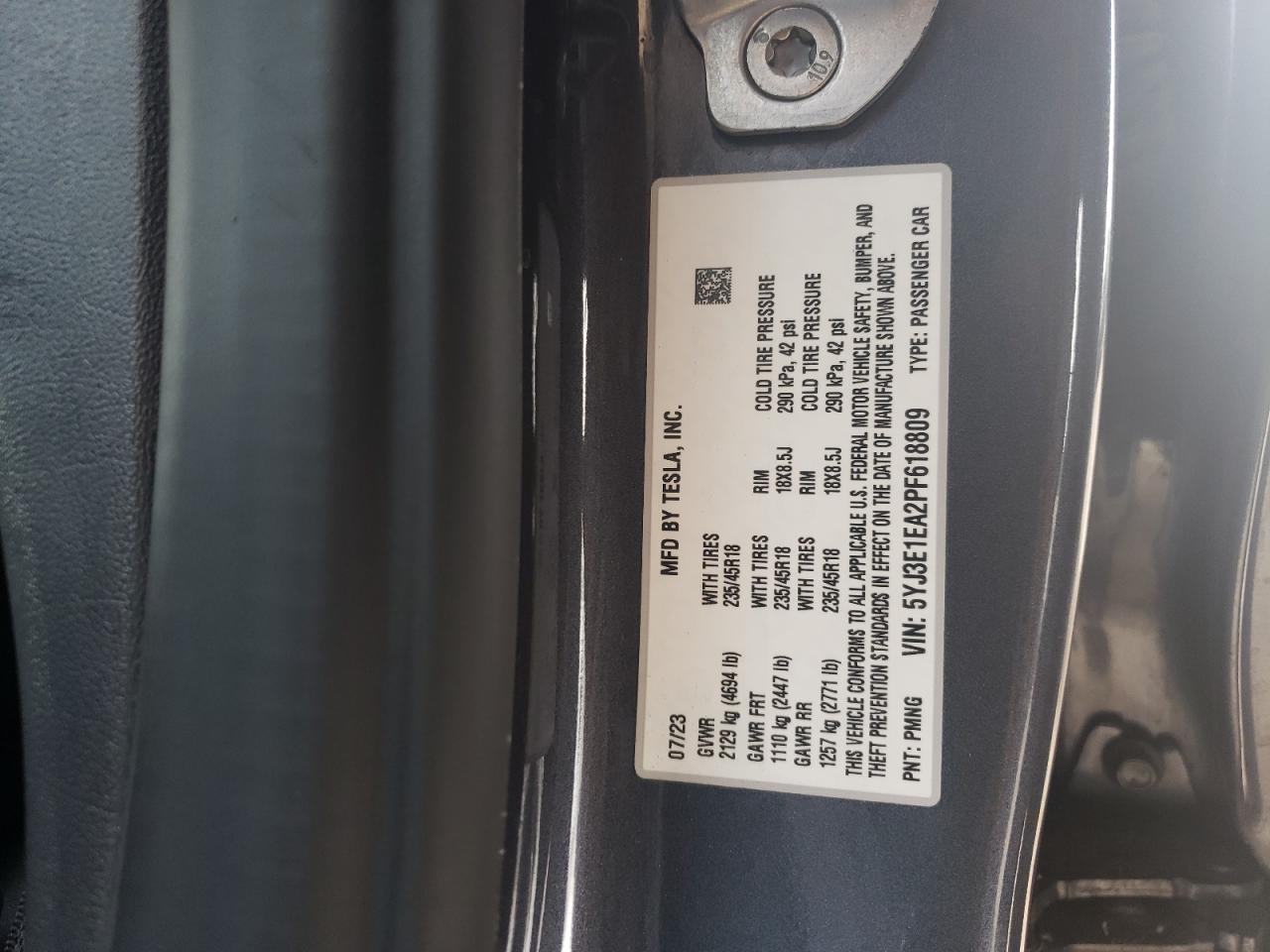 2023 TESLA MODEL 3 VIN:5YJ3E1EA2PF618809
