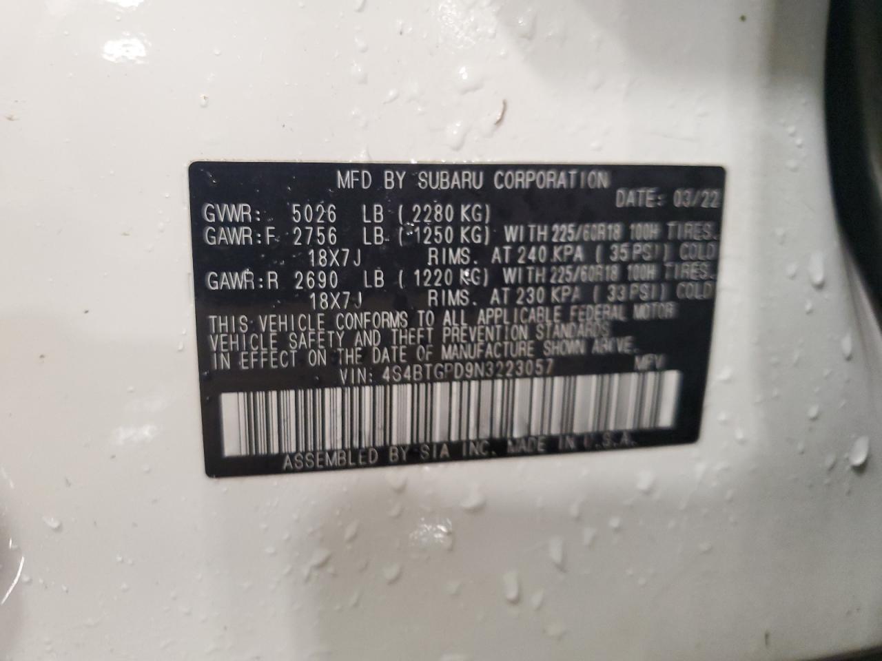 2022 SUBARU OUTBACK TOURING VIN:4S4BTGPD9N3223057