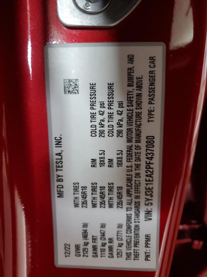 2023 TESLA MODEL 3 VIN:5YJ3E1EA2PF437080